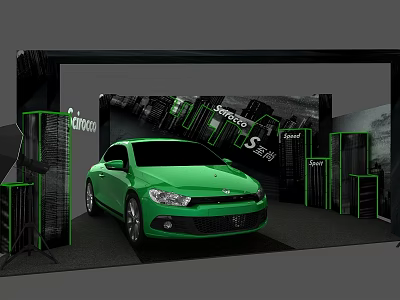Display Shelves in Modern Car Exhibition With Green Vehicle and Speed Theme Backdrop 3d model