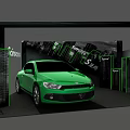 Display Shelves in Modern Car Exhibition With Green Vehicle and Speed Theme Backdrop