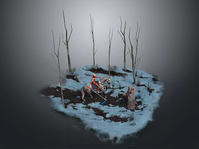 Ancient Scene On Snowy Small Island With Bare Trees Horseback Rider And Standing Figure 3d model