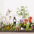 Vibrant Flowers And Lush Green Plants Interior Decor With Decorative Statue And Diverse Blooms