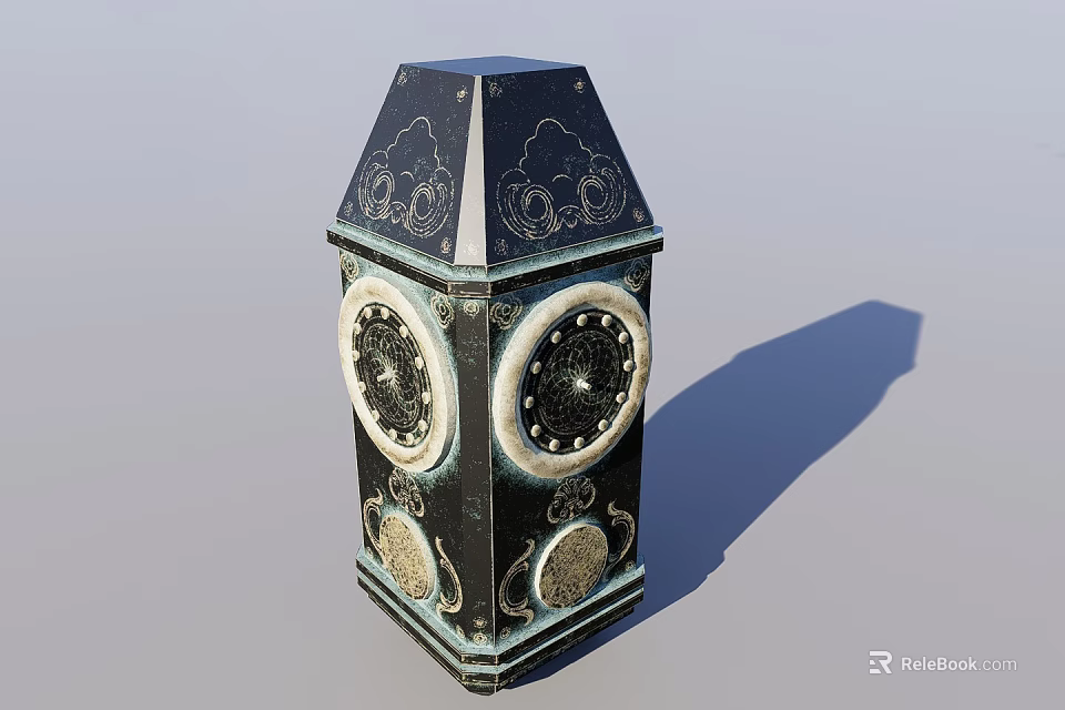 Black Decorative Tower Ornament With Intricate Circular Patterns Metallic Borders Faceted Surface And Top Spire 3d model 