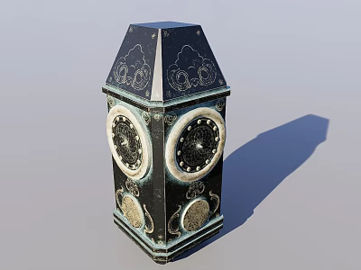 Black Decorative Tower Ornament With Intricate Circular Patterns Metallic Borders Faceted Surface And Top Spire 3d model