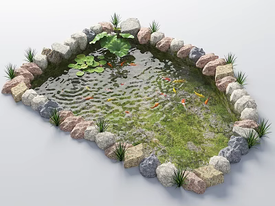 Tranquil Waterfront Landscape with Stone Border Lotus Leaves Koi Fish and Grass 3d model