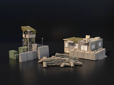 Tactical Military Weapon Setup With Watchtower Building And Sandbag Fortifications 3d model
