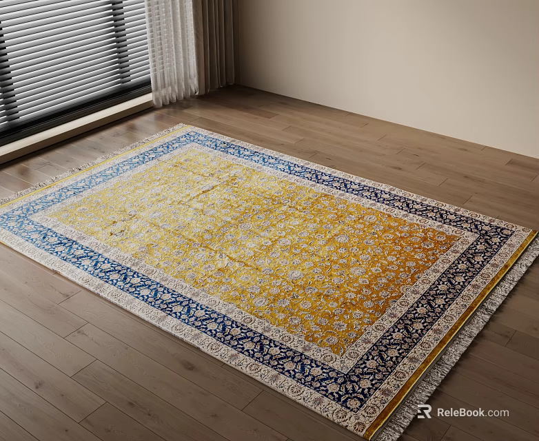 Square Rug With Vibrant Yellow And Blue Patterns On Wooden Floor 3d model 