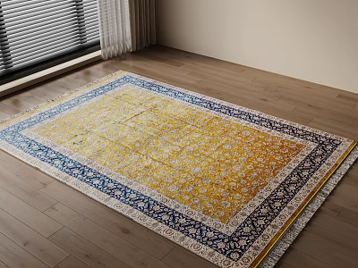 Square Rug With Vibrant Yellow And Blue Patterns On Wooden Floor 3d model