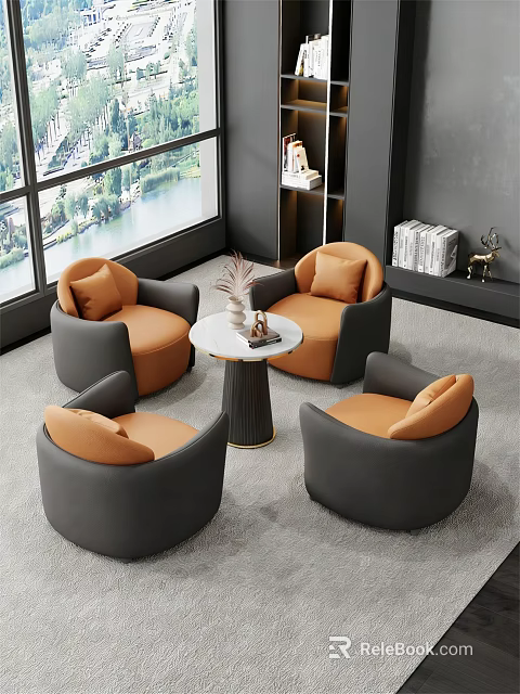 Gray Orange Single Seater Sofa with Round Armrests Side Table and Large Window View 3d model