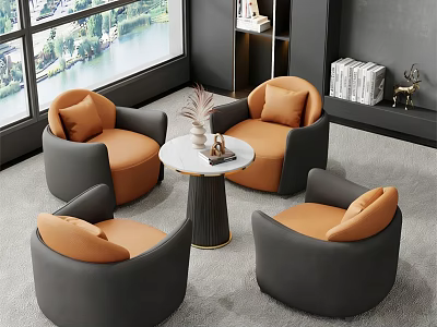 Gray Orange Single Seater Sofa with Round Armrests Side Table and Large Window View 3d model