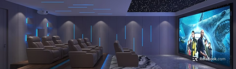 Home Theater Interior With Starry Ceiling Blue Linear Lights Gray Walls And Brown Leather Sofas 3d model 
