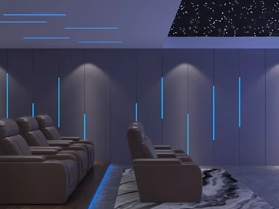 Home Theater Interior With Starry Ceiling Blue Linear Lights Gray Walls And Brown Leather Sofas 3d model