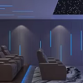 Home Theater Interior With Starry Ceiling Blue Linear Lights Gray Walls And Brown Leather Sofas