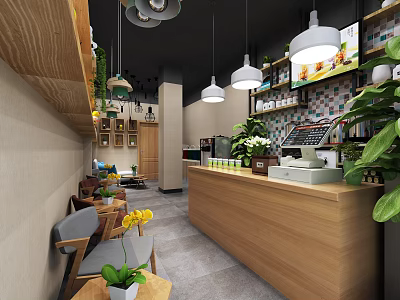 Cozy Bubble Tea Shop Interior With Wooden Counter Hanging Lights Green Plants And Seating Area 3d model