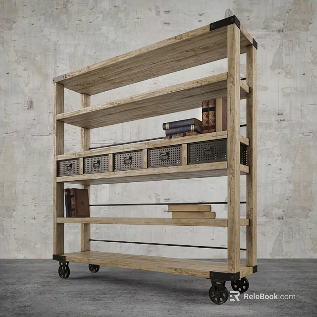 Industrial Wooden Shelving Unit With Wheels Storage Baskets And Books Against Concrete Wall 3d model 