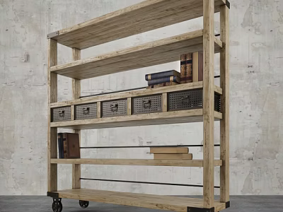 Industrial Wooden Shelving Unit With Wheels Storage Baskets And Books Against Concrete Wall 3d model
