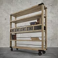 Industrial Wooden Shelving Unit With Wheels Storage Baskets And Books Against Concrete Wall
