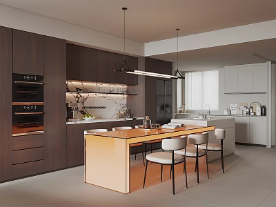 Modern Kitchen Dining Area With Dark Wooden Cabinets Island Counter Pendant Lights And White Chairs 3d model