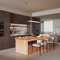 Modern Kitchen Dining Area With Dark Wooden Cabinets Island Counter Pendant Lights And White Chairs
