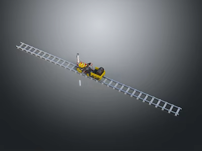 Yellow Model Train Moving Along Long Silver Tracks on Gray Background 3d model