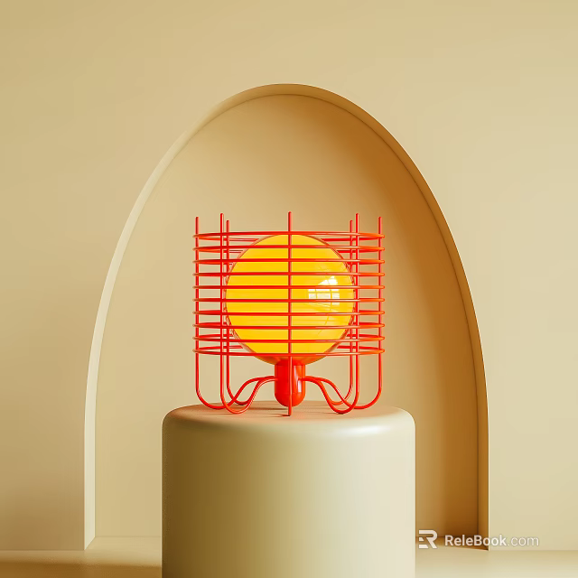 Stylish Table Lamp Featuring Red Metal Grid Frame Yellow Spherical Bulb and White Cylindrical Base 3d model 