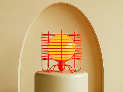 Stylish Table Lamp Featuring Red Metal Grid Frame Yellow Spherical Bulb and White Cylindrical Base 3d model