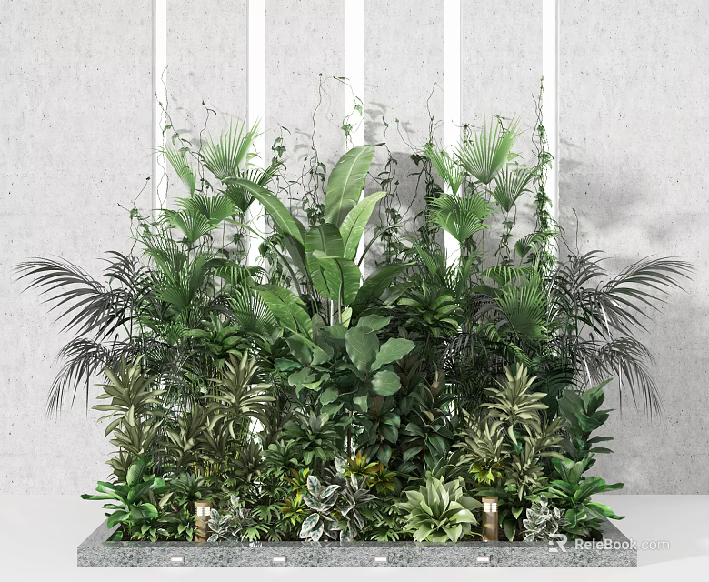 Lush Green Plant Arrangement With Diverse Foliage And Climbing Vines 3d model 