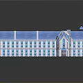 Cartoon Scene Featuring A Building With Blue Roof White Walls Multiple Windows And Reflection