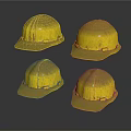 Four Reflective Golden Safety Helmets Displayed on Dark Background