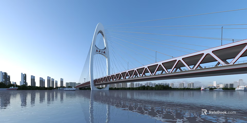 Modern Cable Stayed Bridge With Arch Structure Truss Deck And City Skyline Water Reflection 3d model