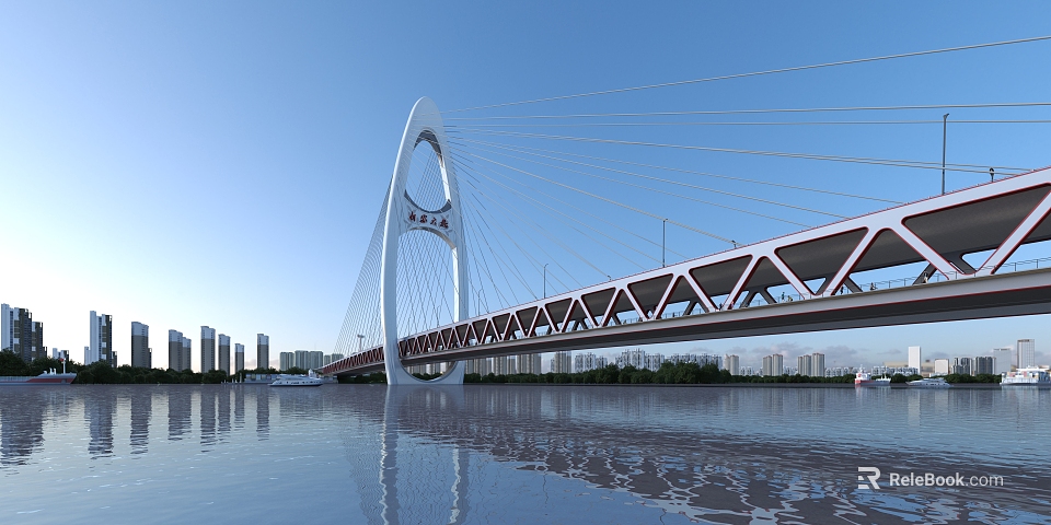 Modern Cable Stayed Bridge With Arch Structure Truss Deck And City Skyline Water Reflection 3d model 
