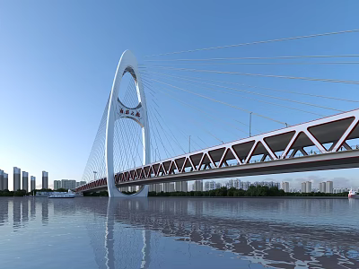 Modern Cable Stayed Bridge With Arch Structure Truss Deck And City Skyline Water Reflection 3d model