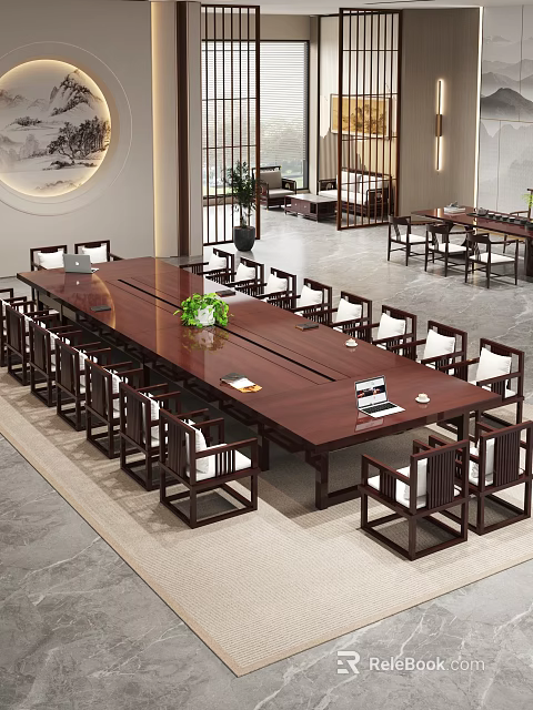 Elegant Modern Chinese Conference Room Interior With Long Wooden Table Chairs Central Green Plant And White Cushions 3d model 