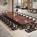 Elegant Modern Chinese Conference Room Interior With Long Wooden Table Chairs Central Green Plant And White Cushions