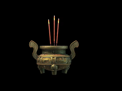 Decorative Ornament Set Featuring Bronze Tripod Cauldron with Handles Three Legs and Red Incense Sticks 3d model