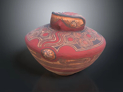 Traditional Handcrafted Ceramic Jar With Red Brown Spiral And Wavy Patterns 3d model