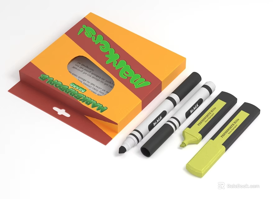 Black And Yellow Marker Pens Set In Vibrant Orange Packaging Box 3d model 