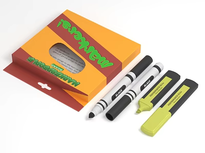 Black And Yellow Marker Pens Set In Vibrant Orange Packaging Box 3d model