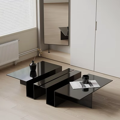Modern Living Room Interior With Black Glossy Coffee Tables Vase Magazine And Cup 3d model