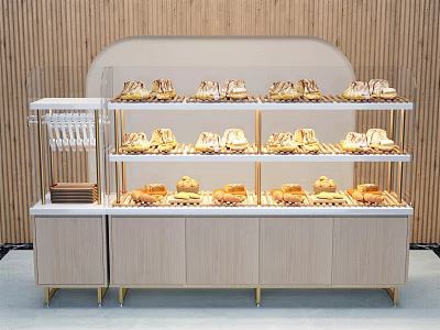 Modern Multi Tiered Bakery Display Shelves With Glass Cover Showing Fresh Breads 3d model
