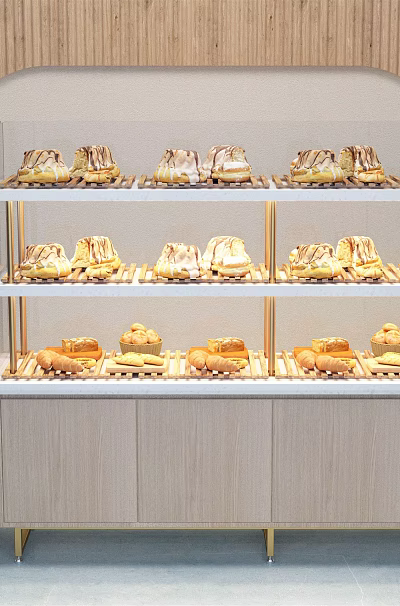 Modern Multi Tiered Bakery Display Shelves With Glass Cover Showing Fresh Breads 3d model