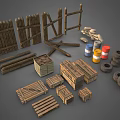 Industrial Equipment Collection Including Wooden Crates Tires Paint Cans And Fences