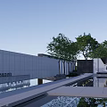 Modern Entrance Gate Design With Brick Walls Glass Panels Trees And Stone Steps