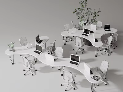 Modern White Office Desks with Computers Chairs and Green Plants 3d model