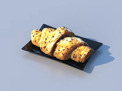 Freshly Baked Golden Flaky Croissant With Seeds On Black Ceramic Plate 3d model