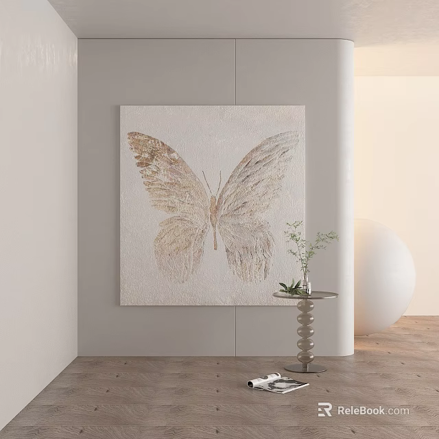 Light Toned Butterfly Painting Hanging On Wall With Light Wall Background And Small Table Plant 3d model 