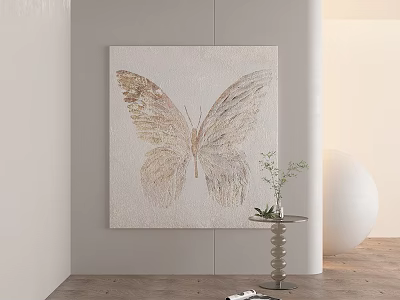 Light Toned Butterfly Painting Hanging On Wall With Light Wall Background And Small Table Plant 3d model