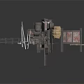 Industrial Scene Components With Metal Fence Vintage Machine And Rustic Bench