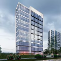 Tall Modern Office Building With Glass Curtain Wall And Front Plaza With Pedestrians