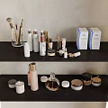 Cosmetics and Skincare Products on Black Shelves with Makeup Brushes Bottles Jars and Boxes