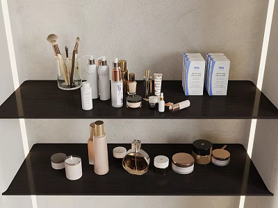 Cosmetics and Skincare Products on Black Shelves with Makeup Brushes Bottles Jars and Boxes 3d model