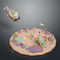 Enchanted Circular Sand Landscape with Colorful Rocks Plants Dinosaur Skull Fish and Flying Submarine